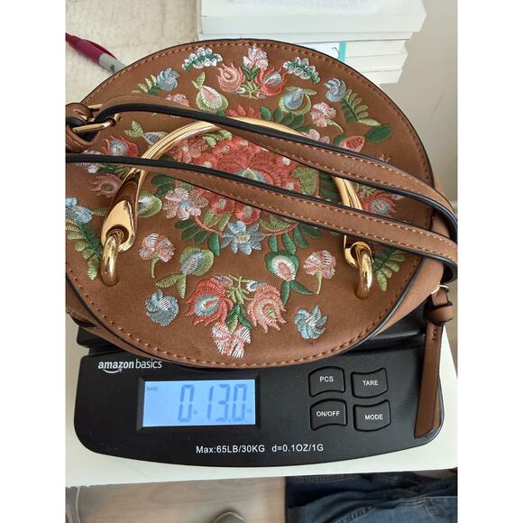 Round Flower Embroidered Brown Crossbody Purse Handbag - Picture 13 of 13